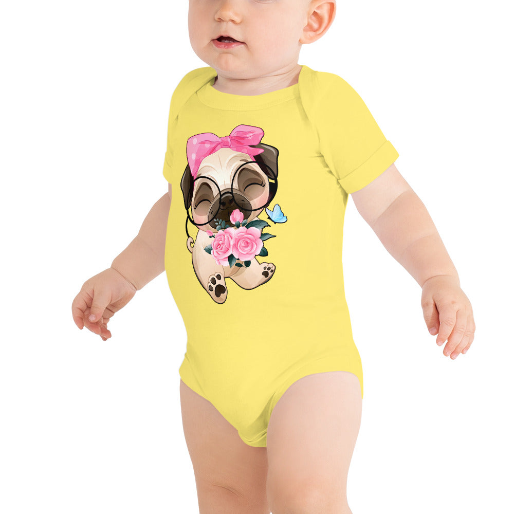 Cute Little Pug Dog Holding Roses, Bodysuits, No. 0362