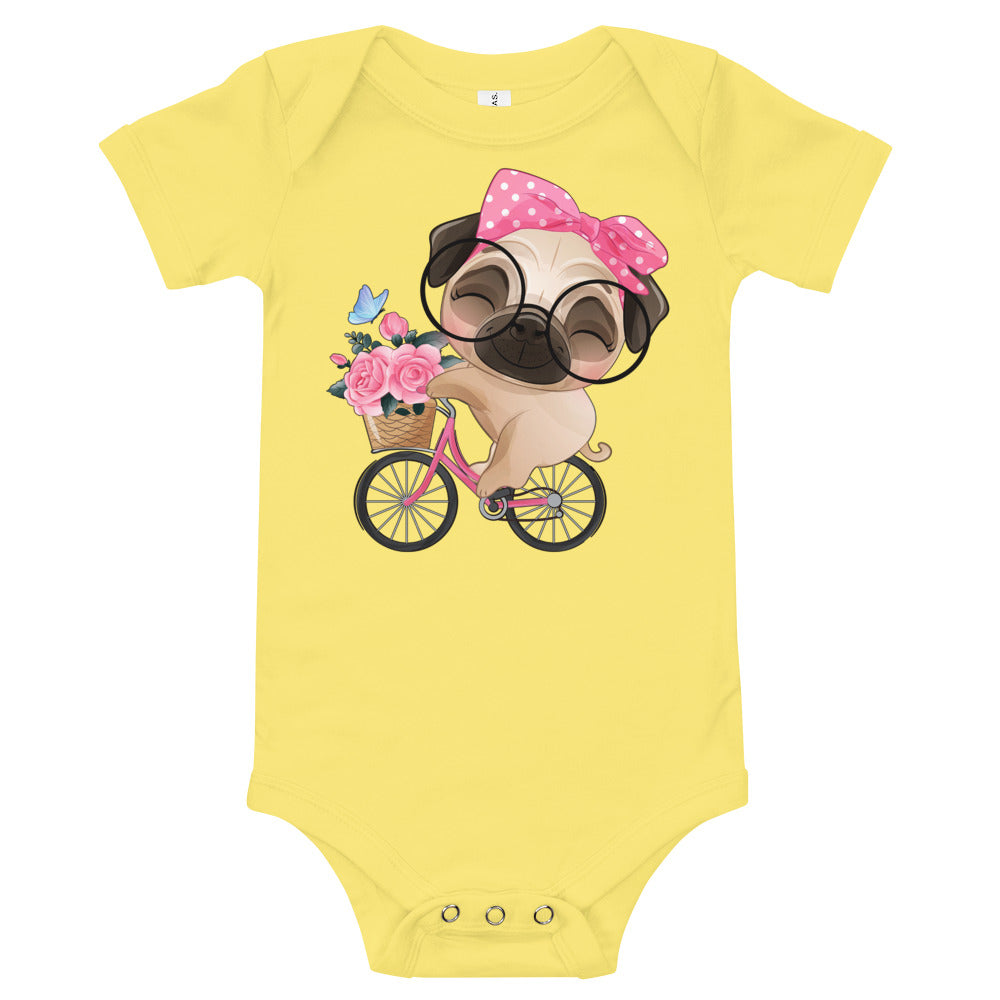 Cute Little Pug Dog Riding Bicycle, Bodysuits, No. 0364