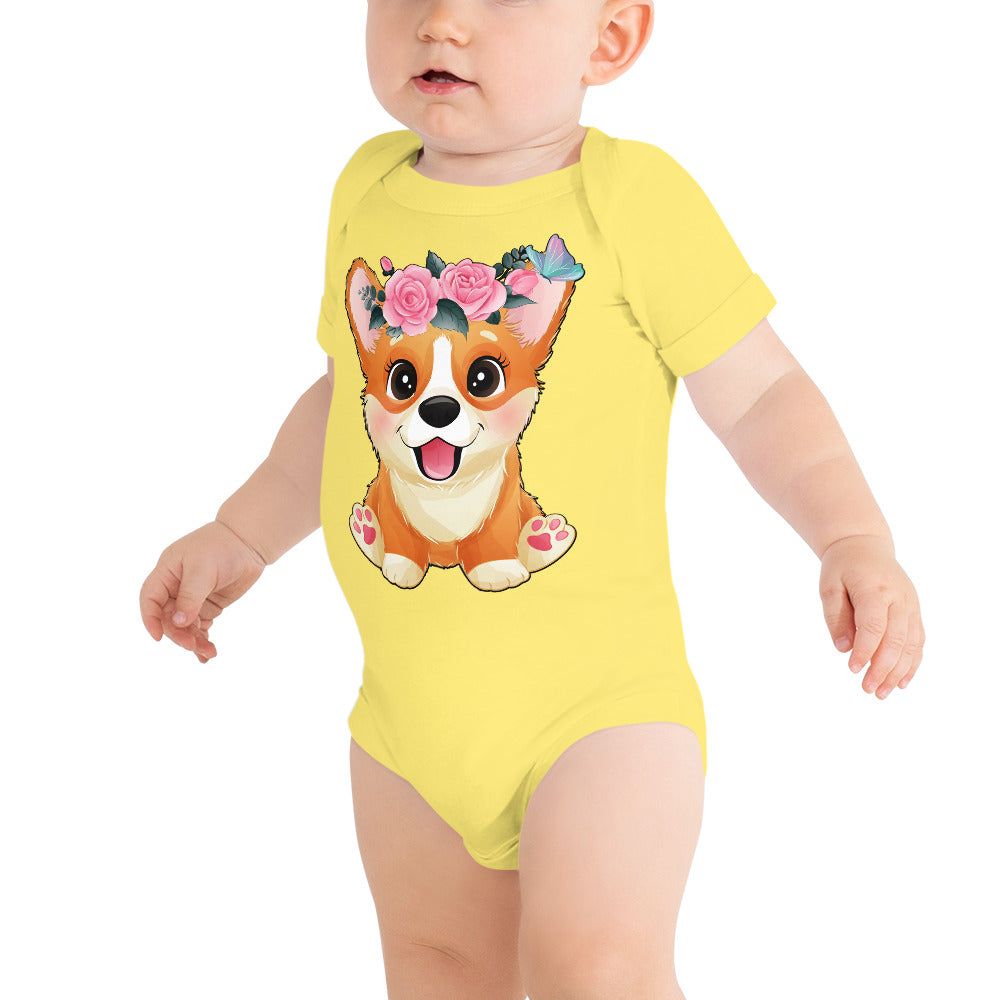 Cute Little Corgi Dog with Flowers, Bodysuits, No. 0354