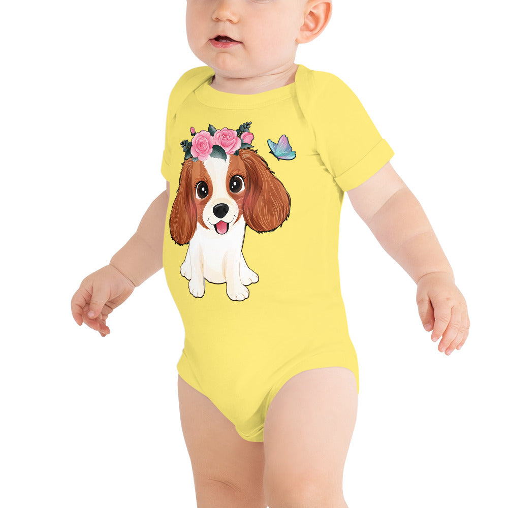 Cute Little Cavalier King Charles Dog with Flowers, Bodysuits, No. 0353