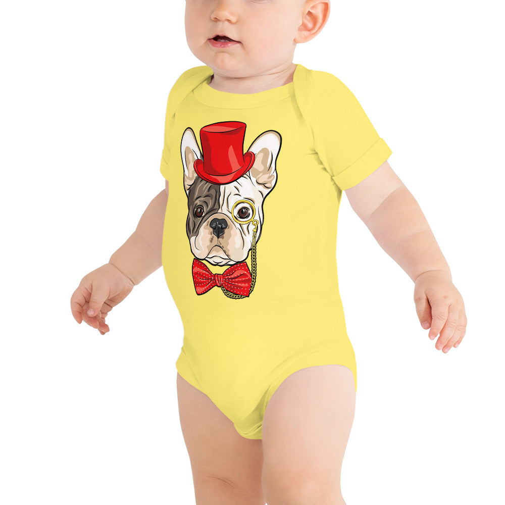 Gentleman French Bulldog Wears Red Hat Bodysuit, No. 0523