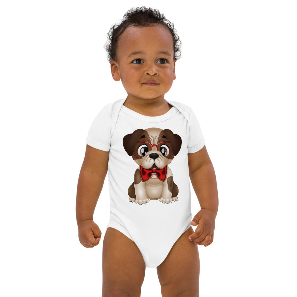 Cute Puppy Dog Pug Wearing Red Bow, Bodysuits, No. 0225