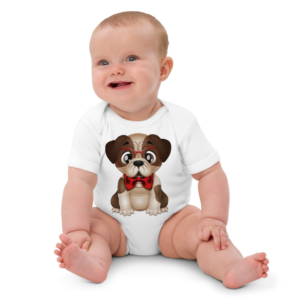 Cute Puppy Dog Pug Wearing Red Bow, Bodysuits, No. 0225