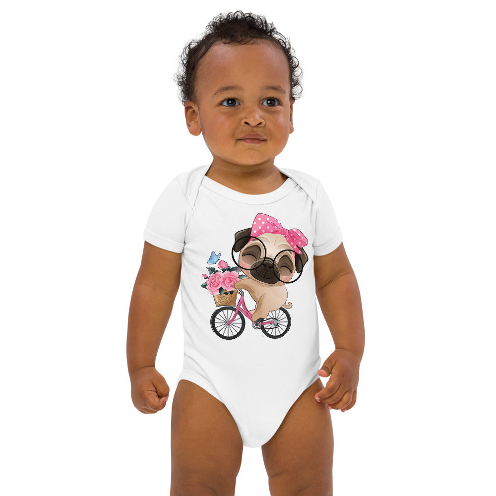 Cute Little Pug Dog Riding Bicycle, Bodysuits, No. 0364