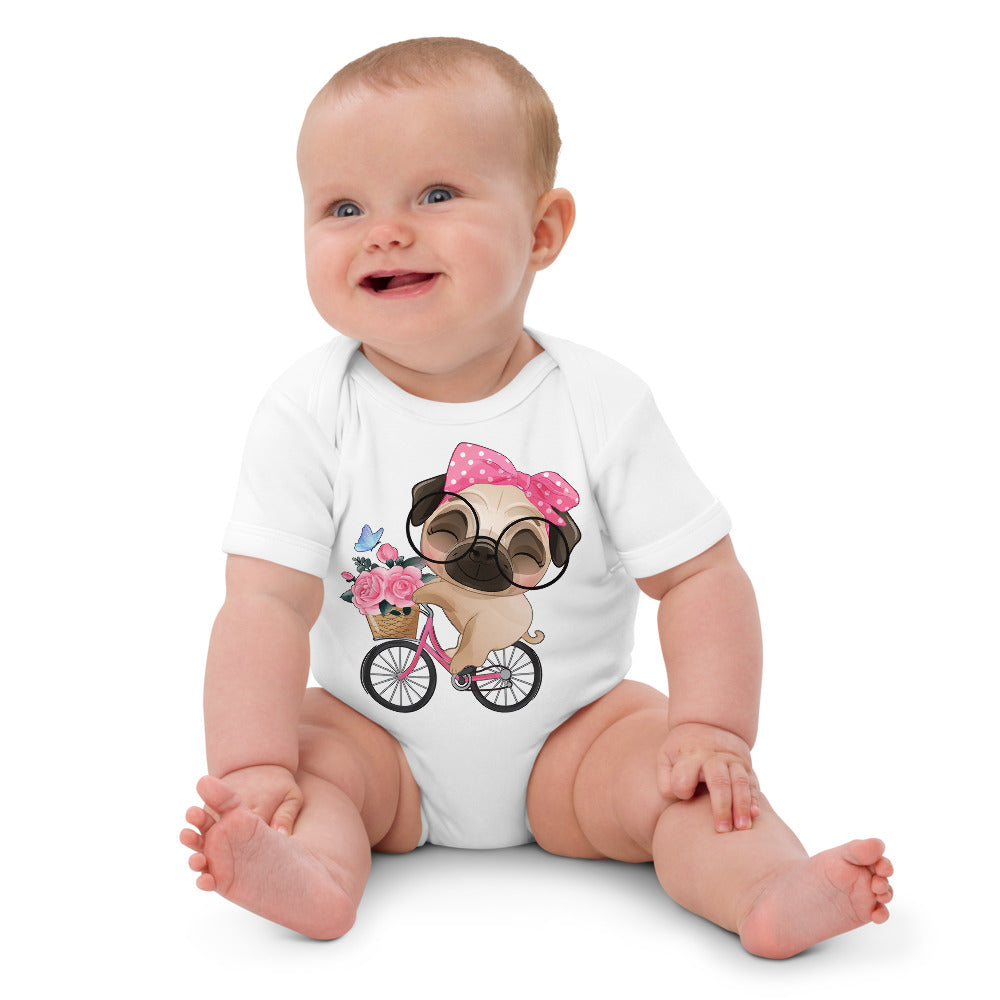 Cute Little Pug Dog Riding Bicycle, Bodysuits, No. 0364