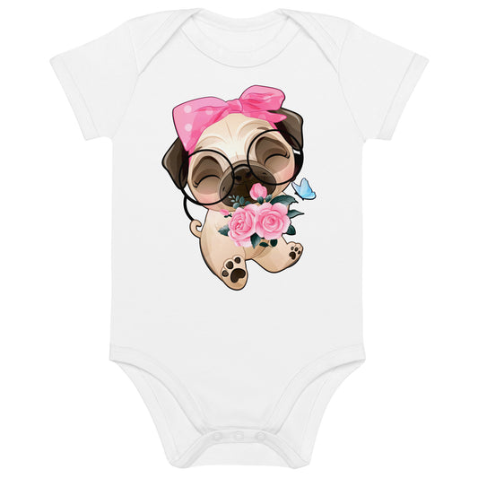 Cute Little Pug Dog Holding Roses Bodysuit, No. 0362