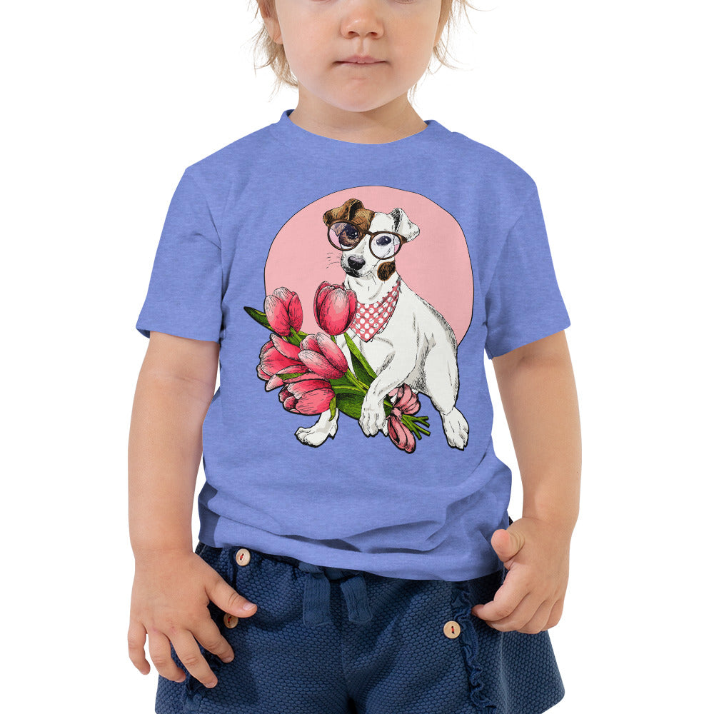 Cute Dog Holding Flowers Bouquet, T-shirts, No. 0190