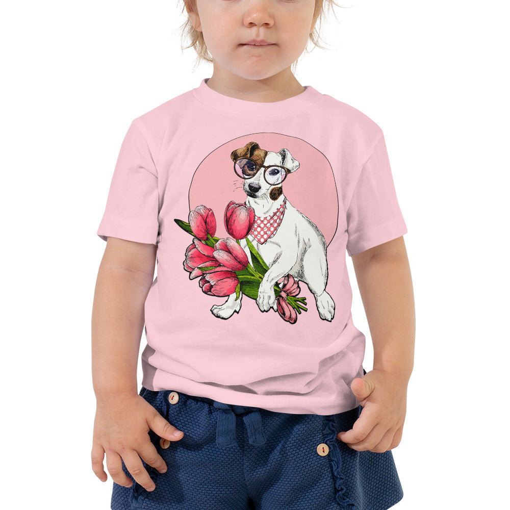 Cute Dog Holding Flowers Bouquet, T-shirts, No. 0190