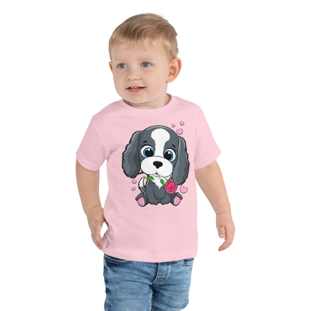 Cute Little Puppy Dog Holding Flower, T-shirts, No. 0218