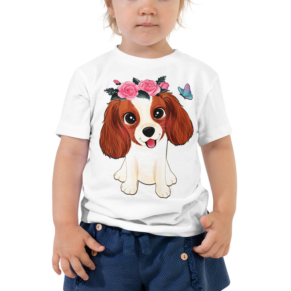 Cute Little Cavalier King Charles Dog with Flowers, T-shirts, No. 0353