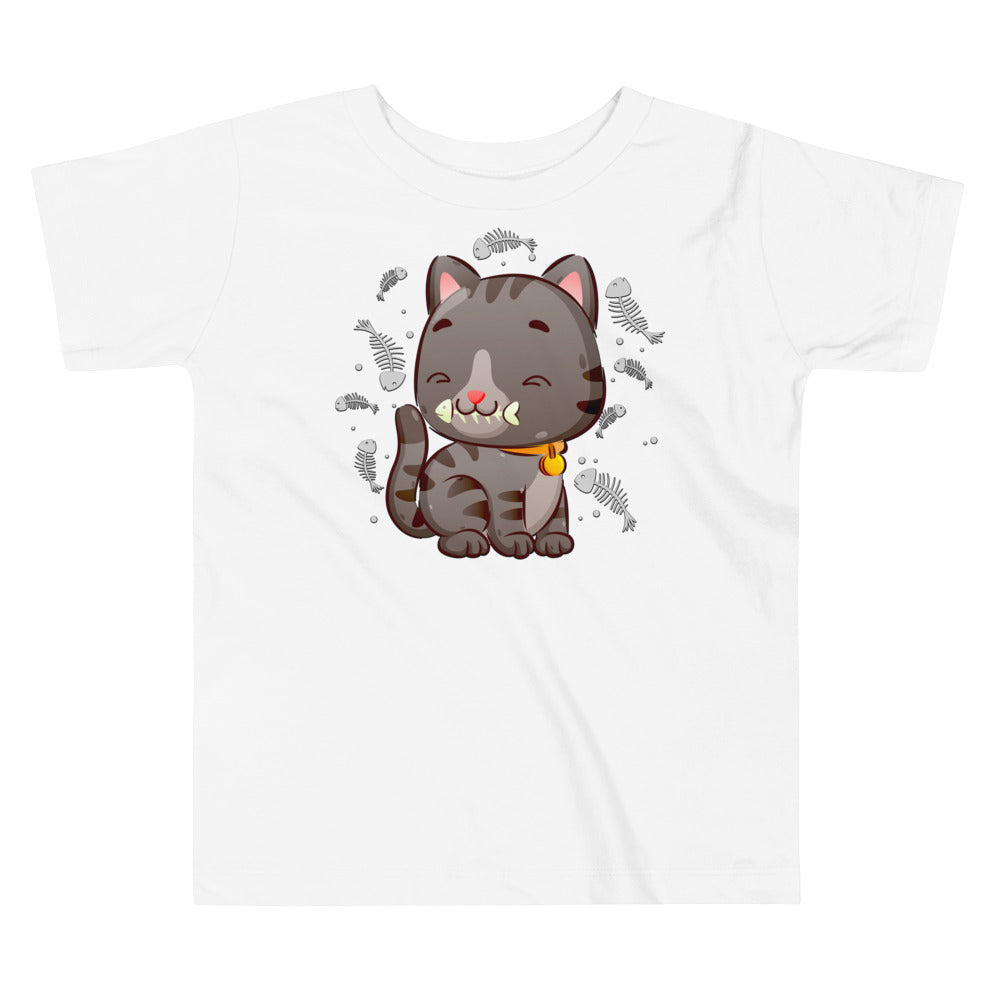 Cute Baby Cat Eating Fish Bone T-shirt, No. 0138