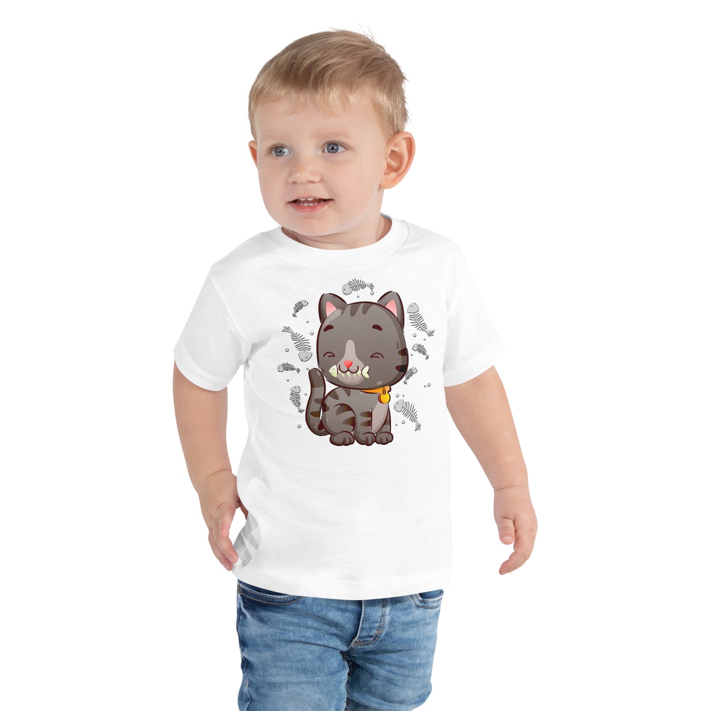 Cute Baby Cat Eating Fish Bone T-shirt, No. 0138