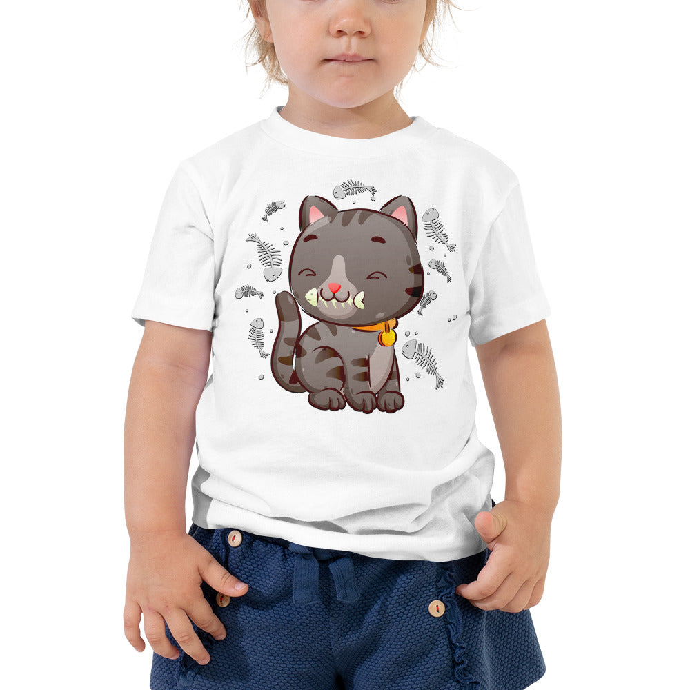 Cute Baby Cat Eating Fish Bone T-shirt, No. 0138