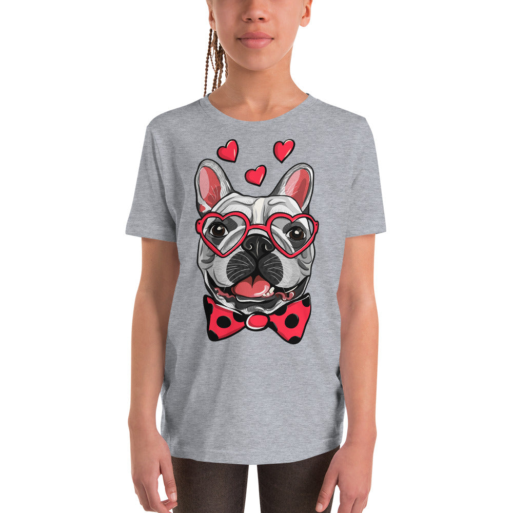 Cute French Bulldog Dog with Funny Pink Heart Glasses T-shirt, No. 0198