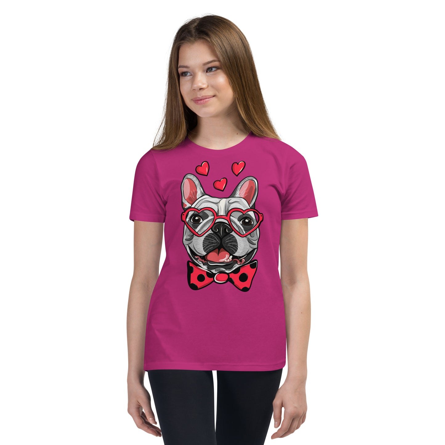 Cute French Bulldog Dog with Funny Pink Heart Glasses T-shirt, No. 0198