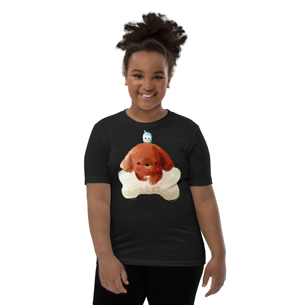 Funny Poodle Puppy Dog with a Bird, T-shirts, No. 0514