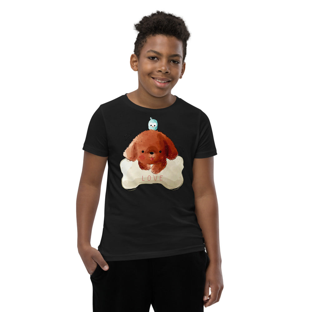 Funny Poodle Puppy Dog with a Bird, T-shirts, No. 0514