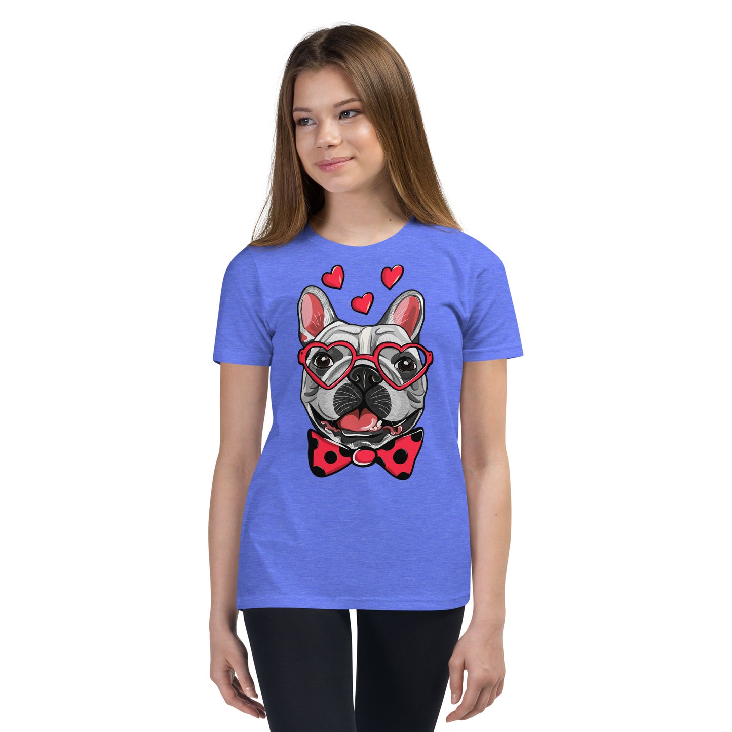 Cute French Bulldog Dog with Funny Pink Heart Glasses T-shirt, No. 0198