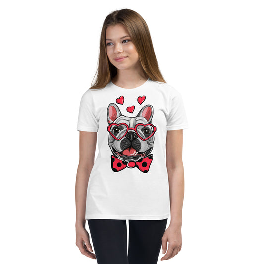 Cute French Bulldog Dog with Funny Pink Heart Glasses T-shirt, No. 0198